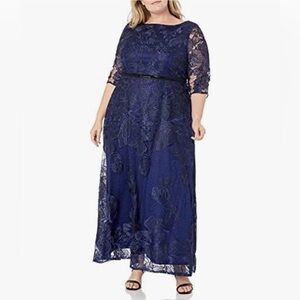 BRIANNA Women's Navy Lace 3/4 Long Sleeve Formal Maxi Dress 14W